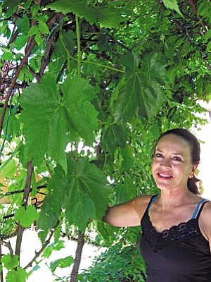 At home, Lisa Dahl in her grape arbor.