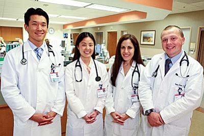 The newest resident physicians to join VVMC’s medical staff. All are doctors of osteopathy (D.O.), who earned their medical degrees from medical schools throughout the U.S. Each resident receives training at VVMC for three years.  Pictured left to right: Alex Hu, Lisa Fujima, Gina Wu and Jeff Schenk.