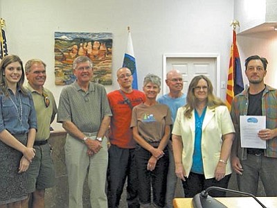 From left are Cottonwood planner Nikki Arbieter, leads the Bicycle Committee and who drafted the bicycle ordinance, and Verde Valley Cyclist Coalition members Randy Victory, Bob Richards, Kevin Dix, Debbie and Jim Smith along with Mayor Diane Joens and Tim Elinski, councilman.<br /><br /><!-- 1upcrlf2 -->