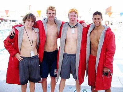 <b>The Mingus boys 4x100 relay team</b> poses for a picture at the state finals Saturday at Skyline Aquatic Center in Mesa. They placed 13th. From left to right: Caleb Furey - Freshman, Ryan Adams - Senior, Dylan Wilber  Junior and Sean Williams - Freshman. Courtesy Photo