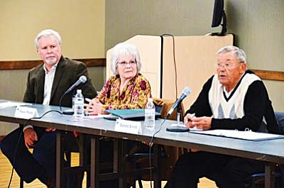 Candidates (from left) Randy Garrison, Karen Pfeifer and Darold Smith answer questions during Wednesday’s League of Women Voters forum at the Cottonwood Recreation Center. VVN/Jon Pelletier