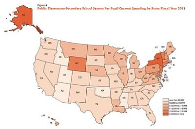 The lightest-tinted states, including Arizona, spent less than $8,000 per student while the darkest states spent $16,000 or more.