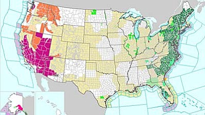 A National Weather Service map shows areas where red-flag warnings are predicted for the week. (Map courtesy the National Weather Service)