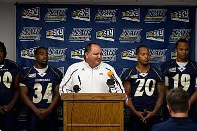 NAU football head coach Jerome Souers addresses the media at the Lumberjacks football media days. Photo courtesy of Holly Mandarich