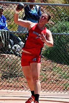 Heather Calandra tosses the shot during a track and field meet at Sedona Red Rock High School. VVN/Travis Guy
