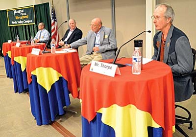 Chester Crandell, Tom O’Halleran, Lanny Morrison and Bob Thorpe, left to right,  appear Wednesday night at a District 6 candidate forum at Yavapai College Wednesday. VVN/Vyto Starniskas