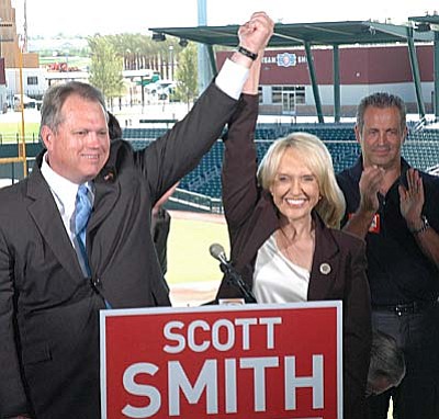 Gov. Jan Brewer Thursday formally backed former Mesa Mayor Scott Smith as her successor. Photo by Howard Fischer/Capitol Media Services