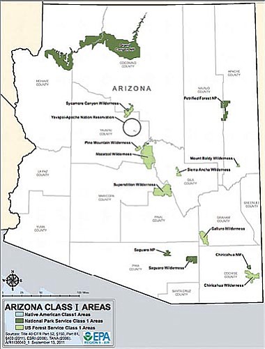 The 17 â€œclass 1â€ federal areas in the Southwest that are supposed to benefit from cleaner air under new emissions limits from the EPA include 12 areas in Arizona. (Map courtesy the U.S. Environmental Protection Agency)