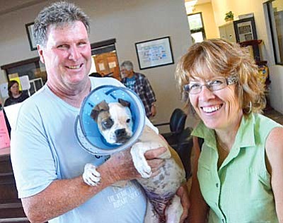 Jay Murphy, acting manager of  the Verde Valley Humane Society in Cottonwood, left, and Karla Horn, the VVHS  acting president, hold a dog that was turned into the society was found walking on a street in Cottonwood wearing a medical cone and bruises on its stomach. VVN/Vyto Starinskas