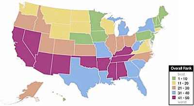 Arizona fared poorly on a new report on child homelessness, finishing 45th among states when ranked on several factors. It came even as the number of homeless kids in the state fell last year. (Map courtesy the National Center on Family Homelessness)
