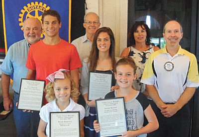 Pictured left to right (front row) are Maisie Babcock (MVP), Shacee Backus (CJS), (middle row) Sean Williams (MUHS), Lucy Showers (CVHS), Brian Sawyer (Rotarian), (back row) Richard Dehnert (Rotarian), Tom Taylor (Rotarian) and Carrie King (Rotarian).
