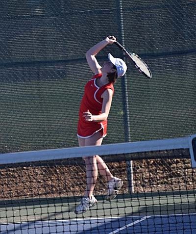 Mingus Union senior Olivia Galluzzi gets set to serve during a match earlier this year. Galluzzi played in the Singles State Tournament over the weekend, falling in the second round.