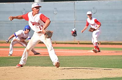 Zack Abrigo fires a pitch aginst the Chino Valley Cougars in the first round of the Division III State Playoffs. (File Photo by Greg Macafee/VVN