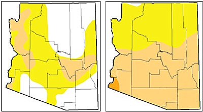 Arizona maps from the U.S. Drought Monitor compare conditions from Jan. 26 (left) to May 31, 2016.