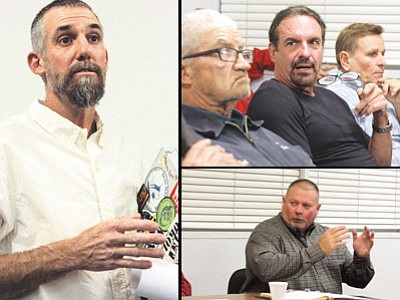 Left: Ryan Schmitz voices his concerns regarding a medical marijuana facility on Route 66 in Williams during the Sept. 27 Williams City Council meeting. Top: Tim Moore, with Cannabis Research Group, listens to community response. Bottom: Williams Police Chief Herman Nixon discusses the dispensary’s location. Clara Beard/WGCN