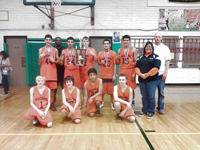 The Williams Falcons A Team became the Small Schools Basketball State Champions Feb. 8. Front row from left: Payce Mortensen, Ashton Johnson, Juaquin Gutierrez and Tate Grantham. Back row from left:  Zackery Perkins, Coach Berry, Daniel Lopez, Aaron Roush, Diego Pedraza, Martin Soria, Coach Chavez and Coach Mortensen. Not pictured: Coach Shipley and Jose Pedraza. Submitted photo