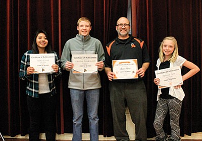 Williams Unified School District presented the January middle school and high school Students and Staff of the Month at the Jan. 13 governing board meeting. From left: Nancy Leon, Carston Brinkworth, James Powers and Dakota Dent. Wendy Howell/WGCN