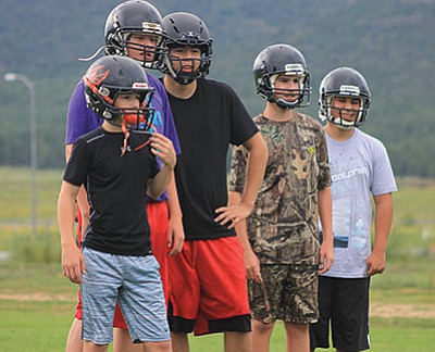 Williams Falcon football players including Zain Grantham, Caesar Santana, Luis Lara, and Nick Guiterrez watch coaches Johnny Hatcher and Tad Wygal perform a drill.  Wendy Howell/WGCN