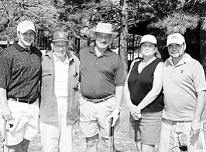 Legion Golf Tourney produces smiles
The winning team of the golf tournament sponsored by American Legion Cordova Post No. 13 pauses for a moment. From left are Scott Dent, Ed Payne, Don Dent, Marci Freshour and Bill Freshour. The team placed first in the May 13 golf tournament. Below, second place tournament winners from left are Lew Oso, Pat Carpenter, Bert Mead and Wes Hammond