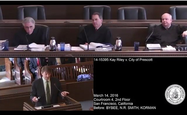 In a live-streaming screen shot, 9th Circuit Court of Appeals judges Edward Korman, top left, Jay Bybee, center, and N. Randy Smith, right, listen Monday, March 14, to a 15-minute statement from City of Prescott contract attorney James Jellison, bottom left of the split screen, in the on-going KayAnne Riley vs. City of Prescott lawsuit. 
