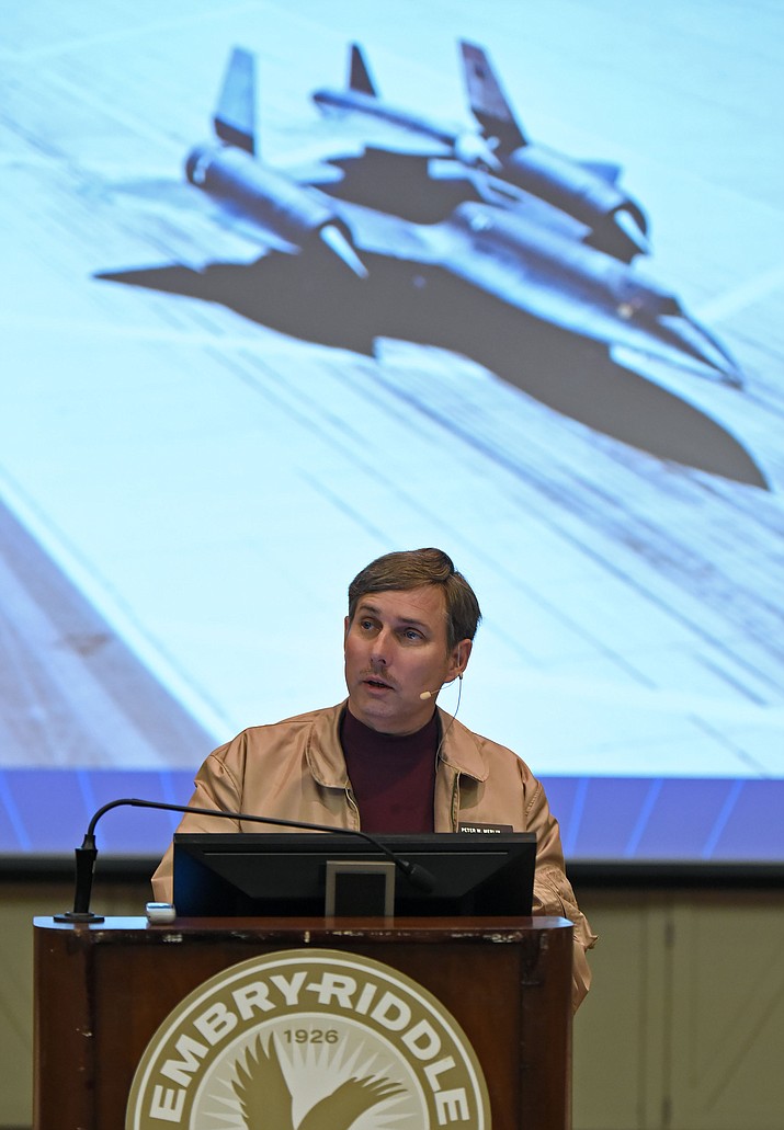 Peter Merlin an aerospace historian, author, and Embry-Riddle Aeronautical University graduate talks about the history of the secret projects that took place at Area 51 Wednesday night March 16, 2016 during an installment of the ERAU Prescott Aviation History Program at ERAU. (Matt Hinshaw/The Daily Courier)