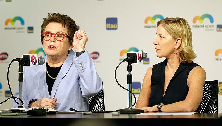Billie Jean King, left, gestures as she talks to reporters as Chris Evert looks on, at the Miami Open tennis match, in Key Biscayne, Fla., Wednesday, March 23. King and Evert talked about the resignation of the tournament director of the BNP Paribas Open, who said women's pro tennis players "ride on the coattails of the men."