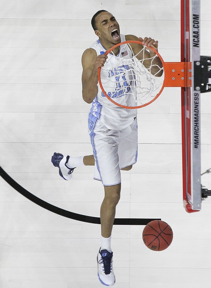 North Carolina forward Brice Johnson reacts after dunking the ball against Providence during the second half of a second-round men's college basketball game in the NCAA Tournament in Raleigh, N.C., Saturday, March 19. North Carolina takes on Notre Dame today, March 27.