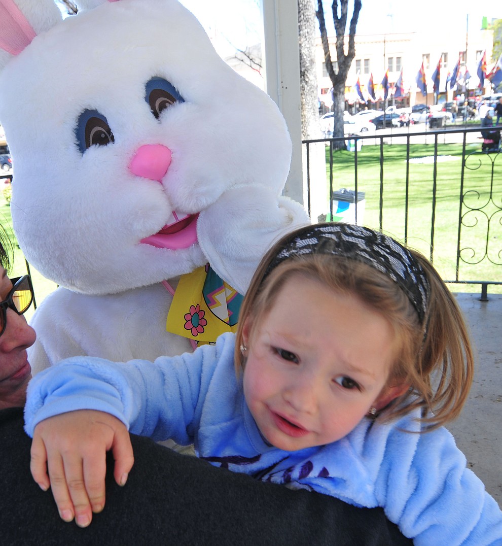Kali Desmond, three from Camp Verde, didn't want much to do with the Easter Bunny during the Great Prescott Easter Egg Hunt Saturday morning on the Yavapai County Courthouse Plaza.(Les Stukenberg/The Daily Courier)