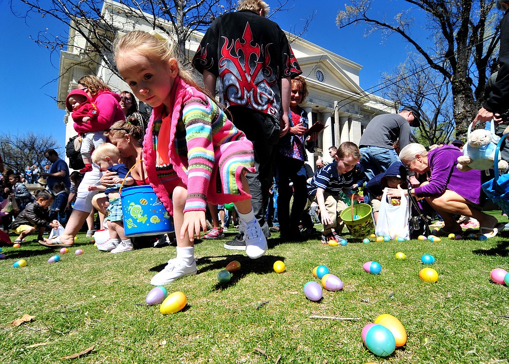 Organized mayhem ruled the grass during the Great Prescott Easter Egg Hunt Saturday morning on the Yavapai County Courthouse Plaza.(Les Stukenberg/The Daily Courier)