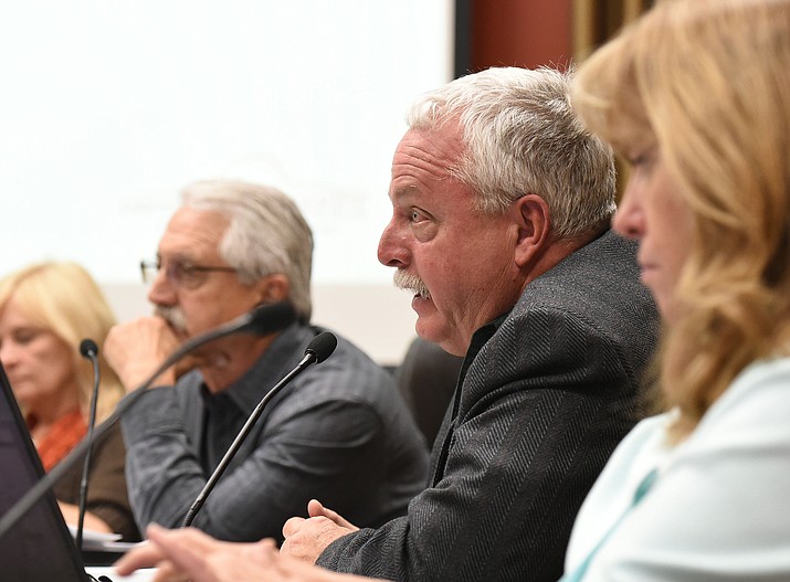 Prescott City Council member Steve Blair voices his thoughts about the Prescott Fire and Police Departments budgets and needed personnel Tuesday night April 5, 2016 during a city council meeting at City Hall in Prescott.  (Matt Hinshaw/The Daily Courier)