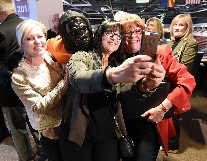 From left, Alieja Kania, Margie Szaflarski, and Jean Lupa take a selfie with the Phoenix Suns' Gorilla after a press conference announcing the new Northern Arizona Suns D League basketball team at the Prescott Valley Event Center Tuesday morning April 12, 2016 in Prescott Valley. (Matt Hinshaw/The Daily Courier)