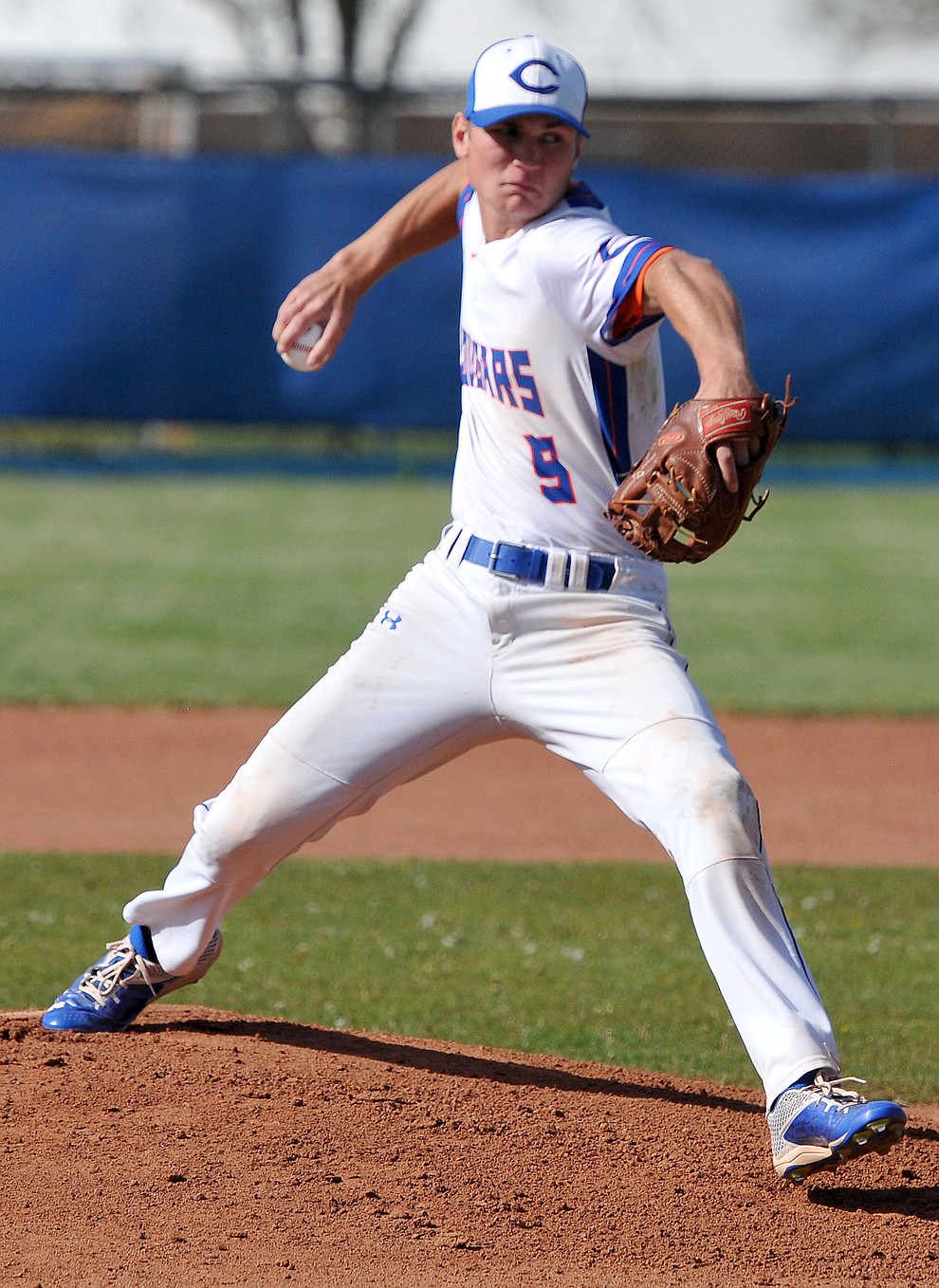 Chino Valley's Jake Clawson (9) fires a pitch towards home plate Tuesday afternoon April 19, 2016 while playing their last regular season home game against Mohave at Chino Valley High School. (Matt Hinshaw/The Daily Courier)
