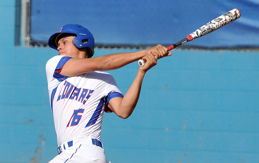 Chino Valley's Jared Tippit (16) makes contact with a ball Tuesday afternoon April 19, 2016 while playing their last regular season home game against Mohave at Chino Valley High School. (Matt Hinshaw/The Daily Courier)