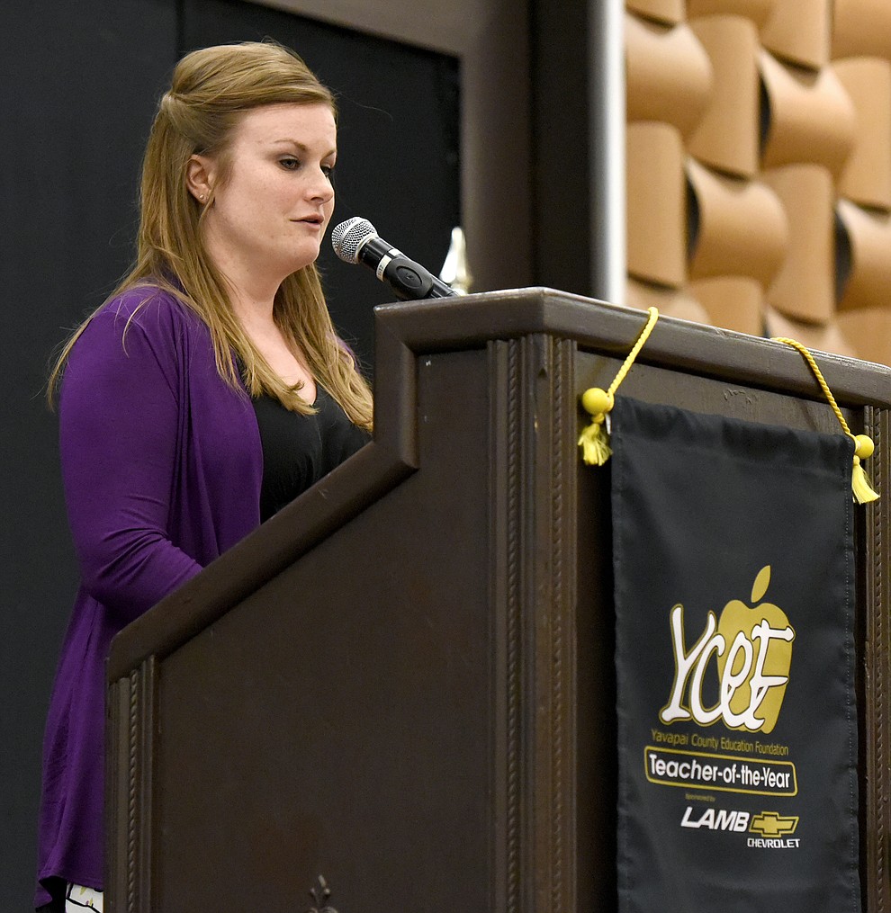 Larnell Sawyer the 2015 Teacher of the Year talks about her past year as the winner before the announcement of the 2016 Teacher of the Year Friday night April 22, 2016 at the Prescott Resort. (Matt Hinshaw/The Daily Courier)