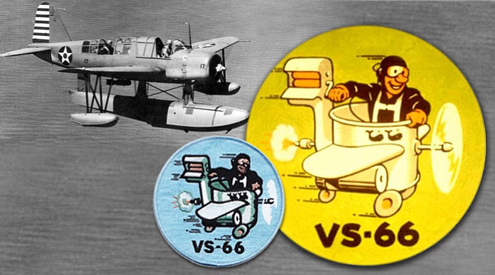 Above: WWII era U.S. Navy Squadron VS-66 insignia. Inset is the modern day U.S. Navy squadron patch. The background features a Vought OS2U Kingfisher. Radioman First Class Everett Hardin Almond was a navigator with VS-66.