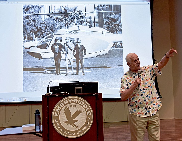 Jerry Foster, a former Phoenix news television station helicopter pilot, talks about his friendship with Barry Goldwater and landing a helicopter on the lawn of Grady Gammage Memorial Auditorium at ASU Tuesday night April 19, during the monthly Embry-Riddle Aeronautical University lecture series in Prescott. 