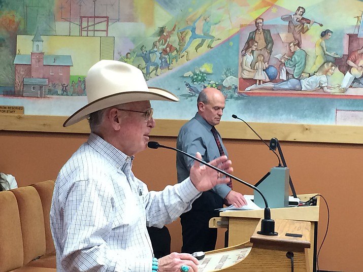 Tommy Meredith, owner of the Jersey Lilly Saloon on Whiskey Row, speaks to the Prescott City Council Tuesday, May 3, before the vote on a new business license program. Meredith and other bar owners maintain that previous city officials promised that if the city were to impose a business-license fee, the city would do away with the liquor-license fees paid by establishments that serve alcohol.