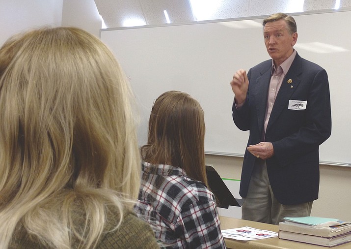 U.S. Rep. Paul Gosar explains the intricacies of the federal budget, including a brief primer on Social Security, to Tri-City Prep students.  
