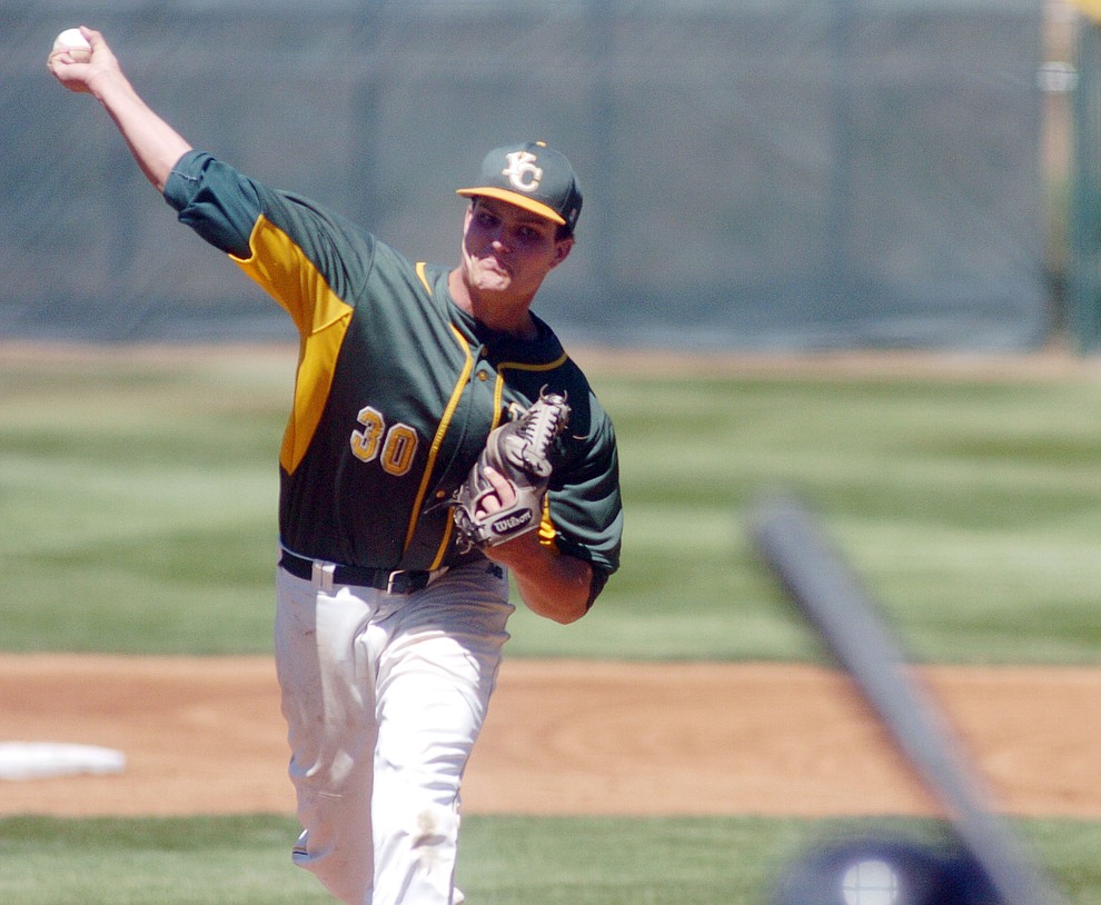 Yavapai's Chase Beal delivers a pitch in the first game of the NJCAA Region 1 Division 1 semifinals Thursday in Prescott. (Les Stukenberg/The Daily Courier) (Les Stukenberg/The Daily Courier)