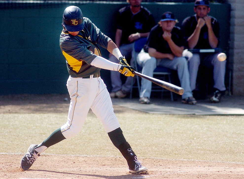 Yavapai's Ramsey Romano makes contact for a base hit in the first game of the NJCAA Region 1 Division 1 semifinals Thursday in Prescott. (Les Stukenberg/The Daily Courier) (Les Stukenberg/The Daily Courier)