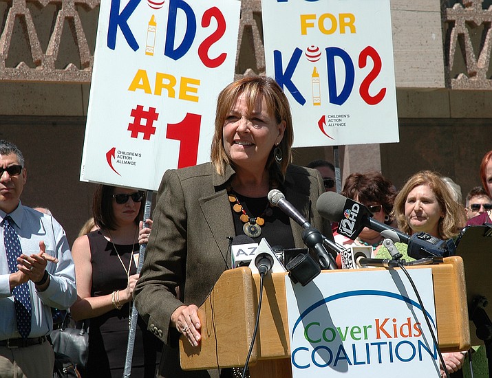 Rep. Regina Cobb, R-Kingman, urges Senate President Andy Biggs on Monday to allow a vote on her House-passed measure to restore the KidsCare program for the children of the working poor. The bill was signed by the governor Friday.