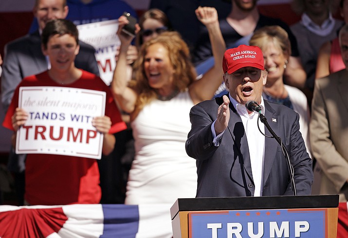 Republican presidential candidate Donald Trump speaks at a rally Saturday, May 7, 2016, in Lynden, Wash. 