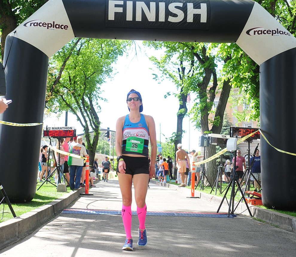 Monica Folts wins the women's marathon in the 38th annual Whiskey Row Marathon Saturday morning in Prescott. (Les Stukenberg/The Daily Courier)