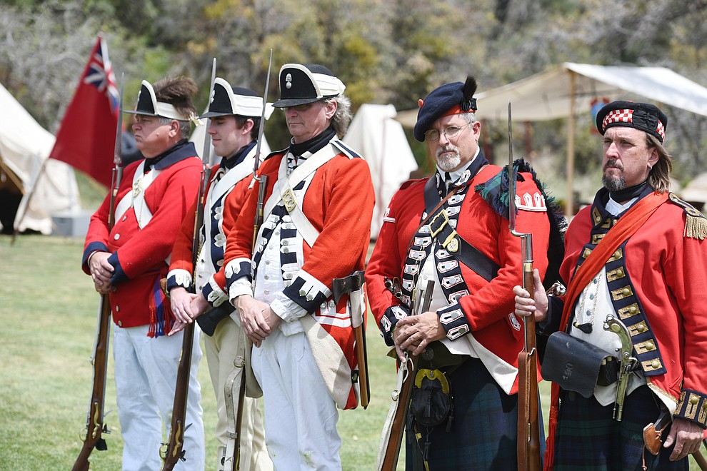 Soldiers representing three different units from the Revolutionary War pose during the 2016 Highland Games Saturday morning in at Watson Lake Park in Prescott. (Les Stukenberg/The Daily Courier)