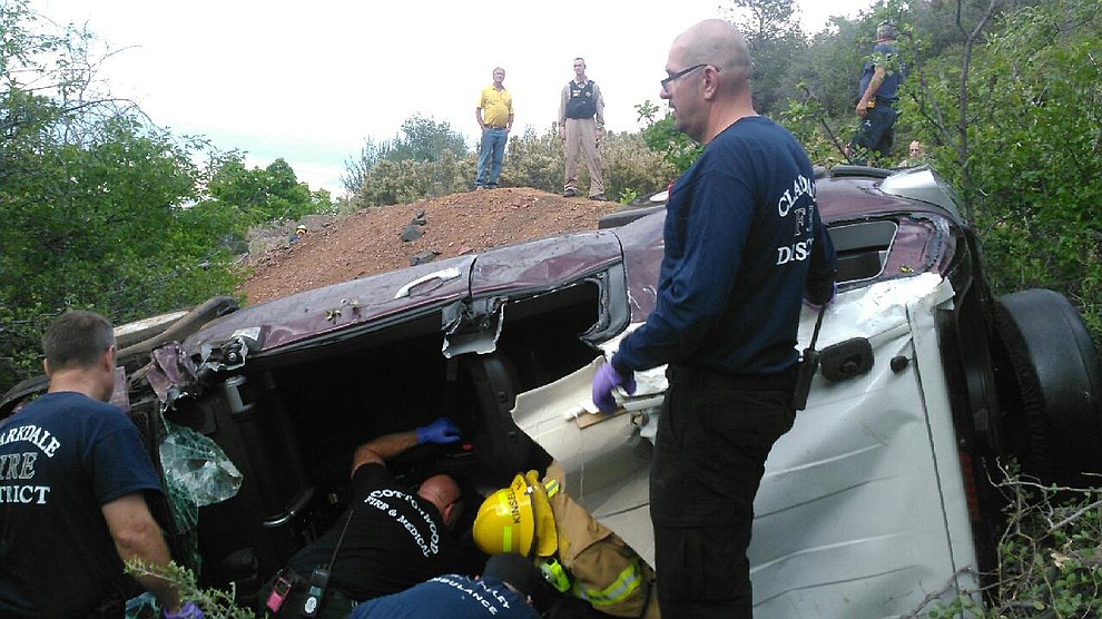 May 27, 2016 rescue of 50-year-old man trapped in his car for three days. (Photos courtesy of Kim Moore, Verde Valley Ambulance & Rusty Blair, Jerome Fire Dept.)