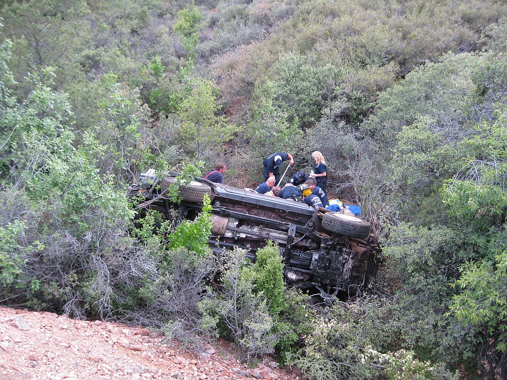 May 27, 2016 rescue of 50-year-old man trapped in his car for three days. (Photos courtesy of Kim Moore, Verde Valley Ambulance, Rusty Blair, Jerome Fire Dept. and YCSO.)