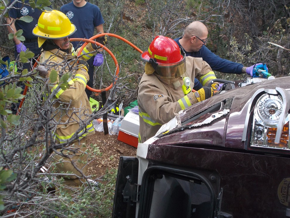 May 27, 2016 rescue of 50-year-old man trapped in his car for three days. (Photos courtesy of Kim Moore, Verde Valley Ambulance, Rusty Blair, Jerome Fire Dept. and YCSO.)