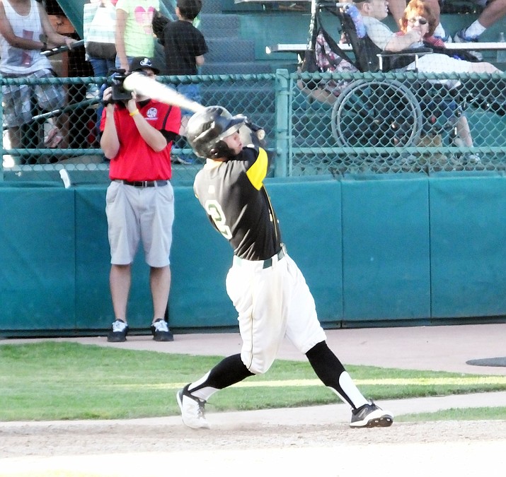 Yavapai College centerfielder Nate Easley rips a walk-off RBI double with two outs in the bottom of the ninth inning to lead the Roughriders’ baseball team to a 15-14 come-from-behind victory over Cisco (Texas) Wednesday, June 1, in the losers’ bracket of the JUCO World Series. Yavapai is a win away from earning a berth into the national tournament’s final.
