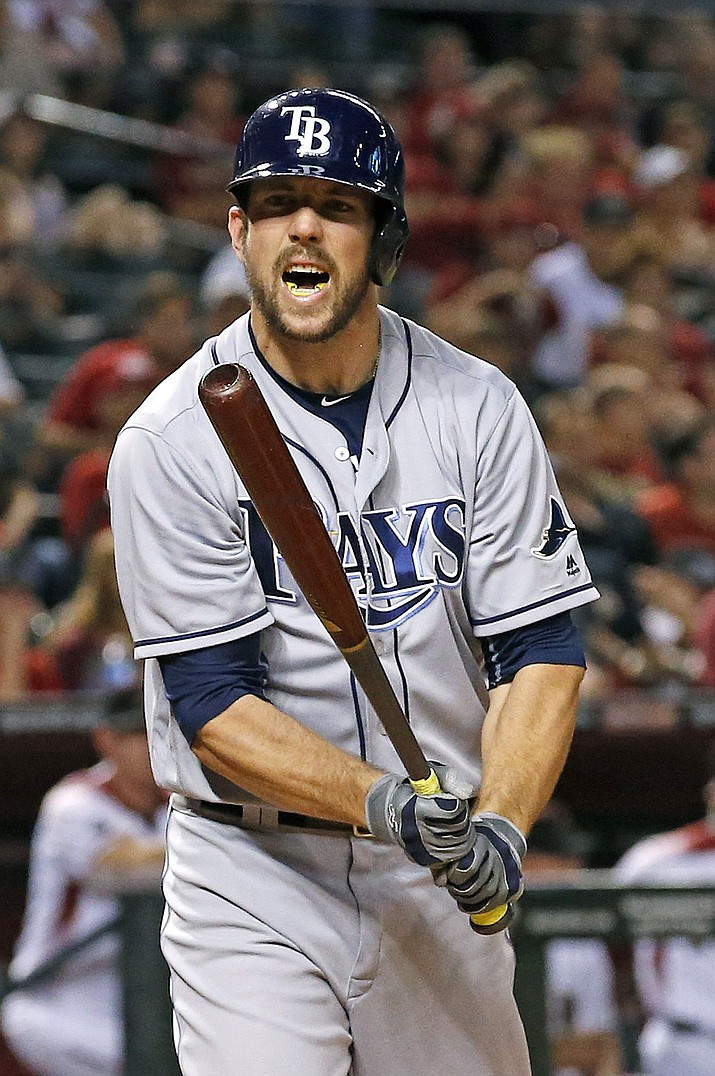 Tampa Bay Rays' Steven Souza Jr. shouts in frustration after striking out against the Arizona Diamondbacks during the fifth inning Monday, June 6, in Phoenix. 