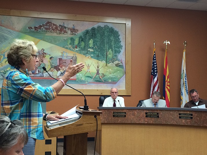 Prescott Frontier Days Board Member Mary Ann Suttles appears before the Prescott City Council Tuesday, June 21, to discuss the terms of a draft 25-year lease between the two entities for the Prescott Rodeo Grounds.